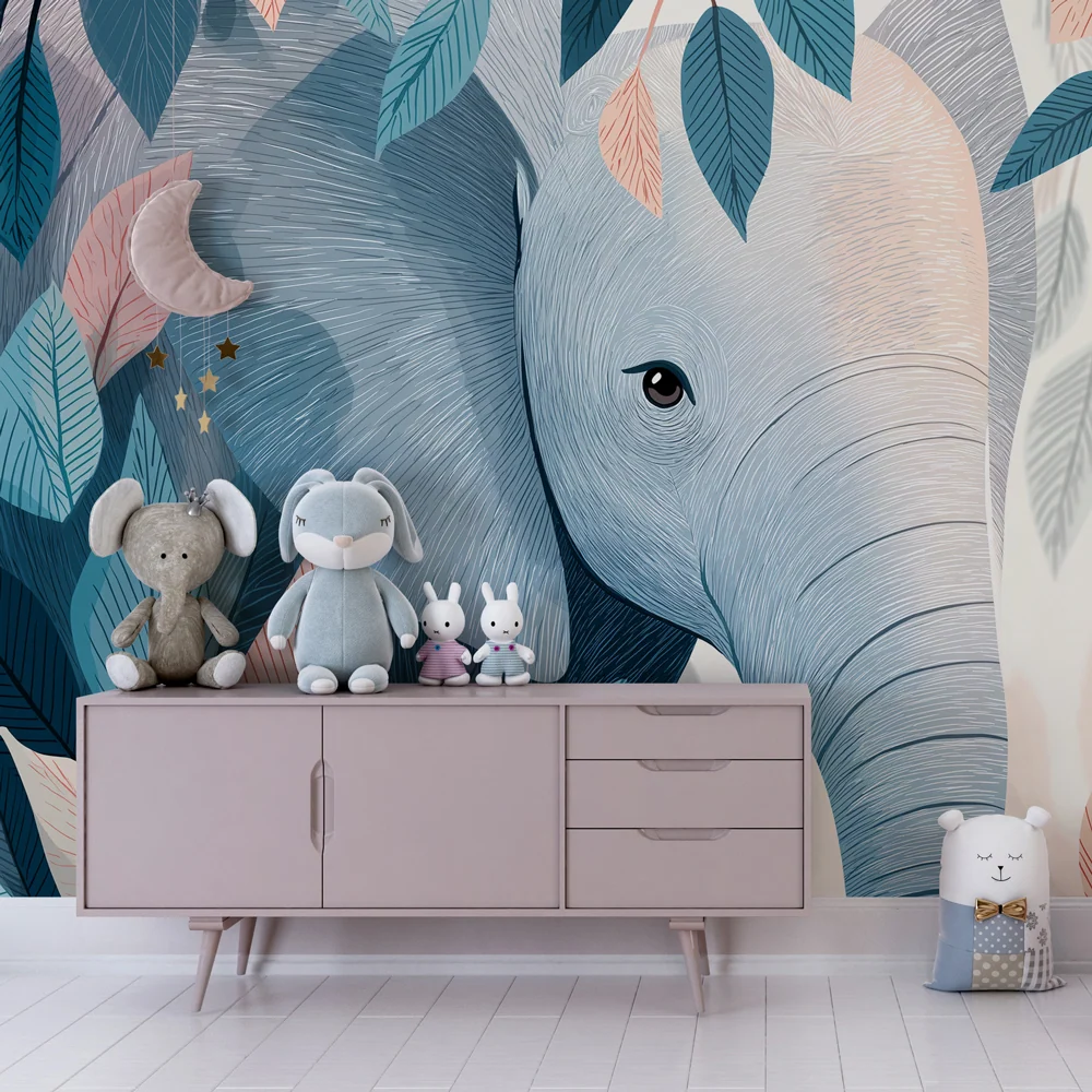 Papel de parede quarto bebê | Elefante pacífico entre as folhagens