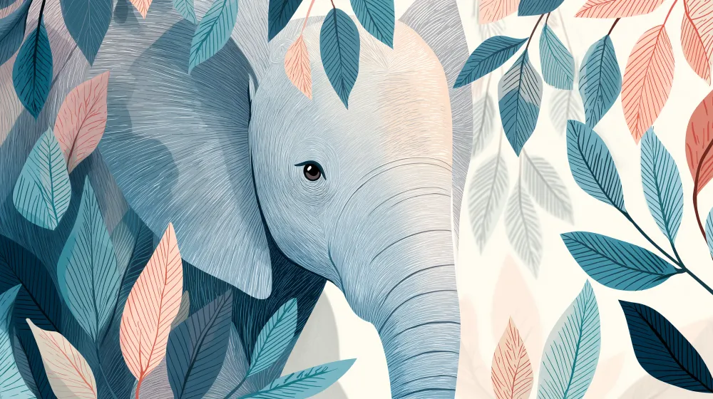 Papel de parede quarto bebê | Elefante pacífico entre as folhagens