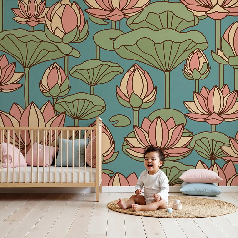 Papel de parede quarto bebê | Flori de lotus delicate pe fund acvatic