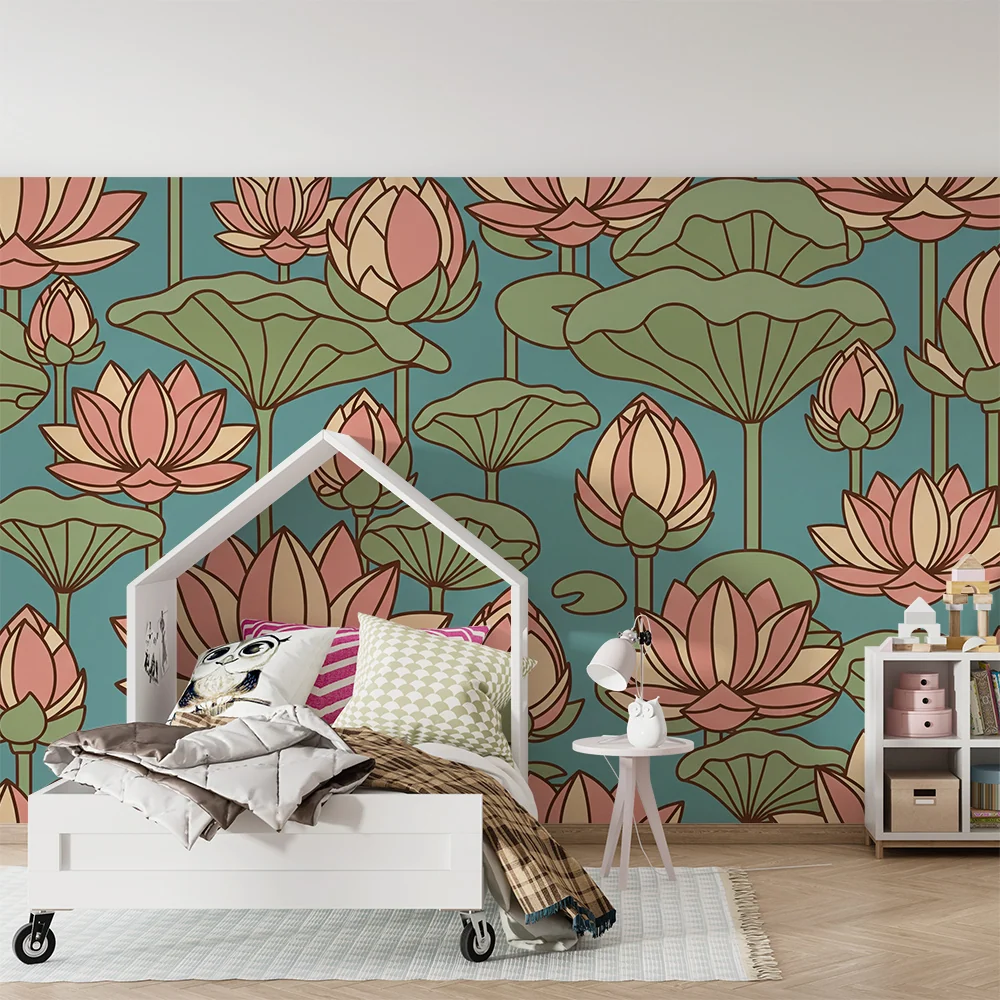 Papel de parede quarto bebê | Flori de lotus delicate pe fund acvatic