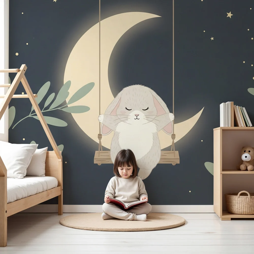 Papel de parede quarto bebê | Iepure adormit sub lună
