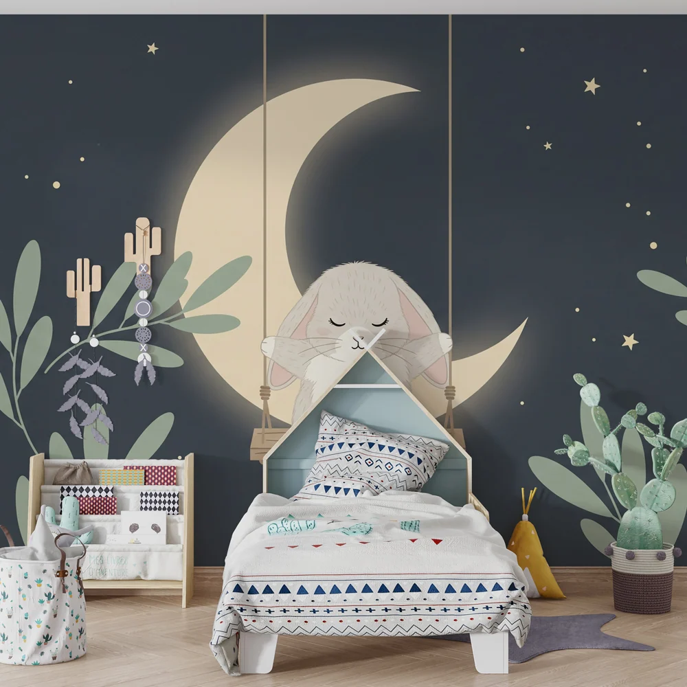 Papel de parede quarto bebê | Iepure adormit sub lună
