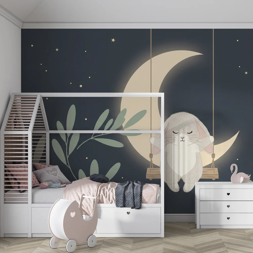 Papel de parede quarto bebê | Iepure adormit sub lună