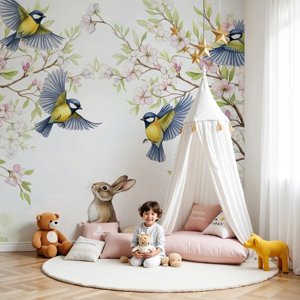 Papel de parede quarto bebê | Iepure curios sub păsări înflorite