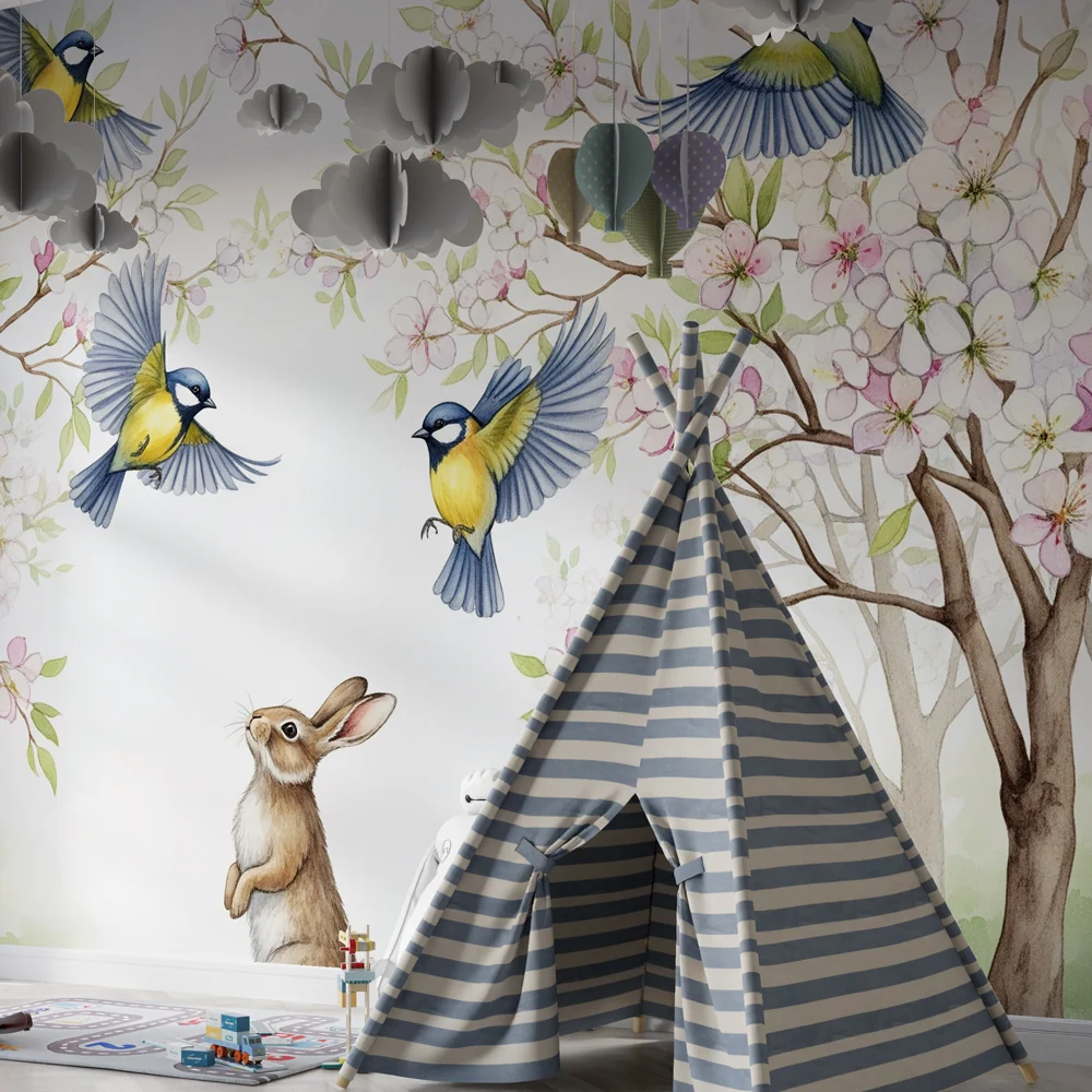 Papel de parede quarto bebê | Iepure curios sub păsări înflorite