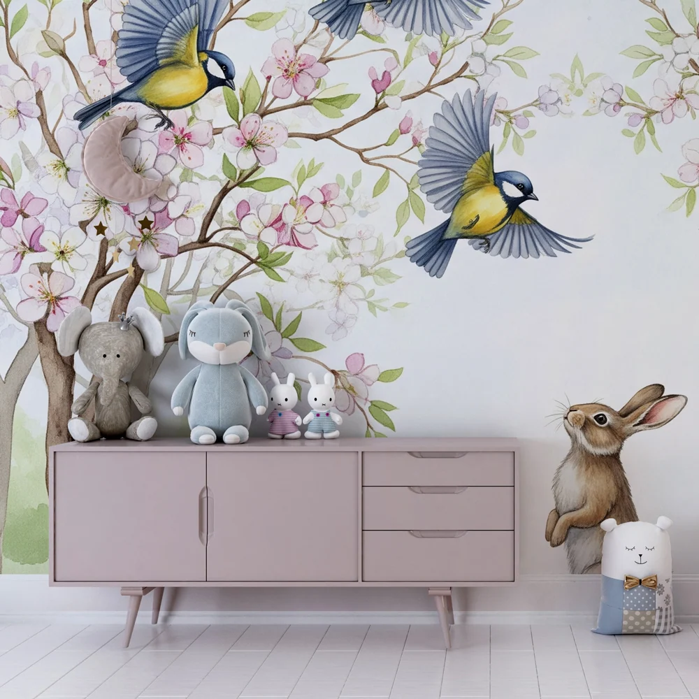 Papel de parede quarto bebê | Iepure curios sub păsări înflorite