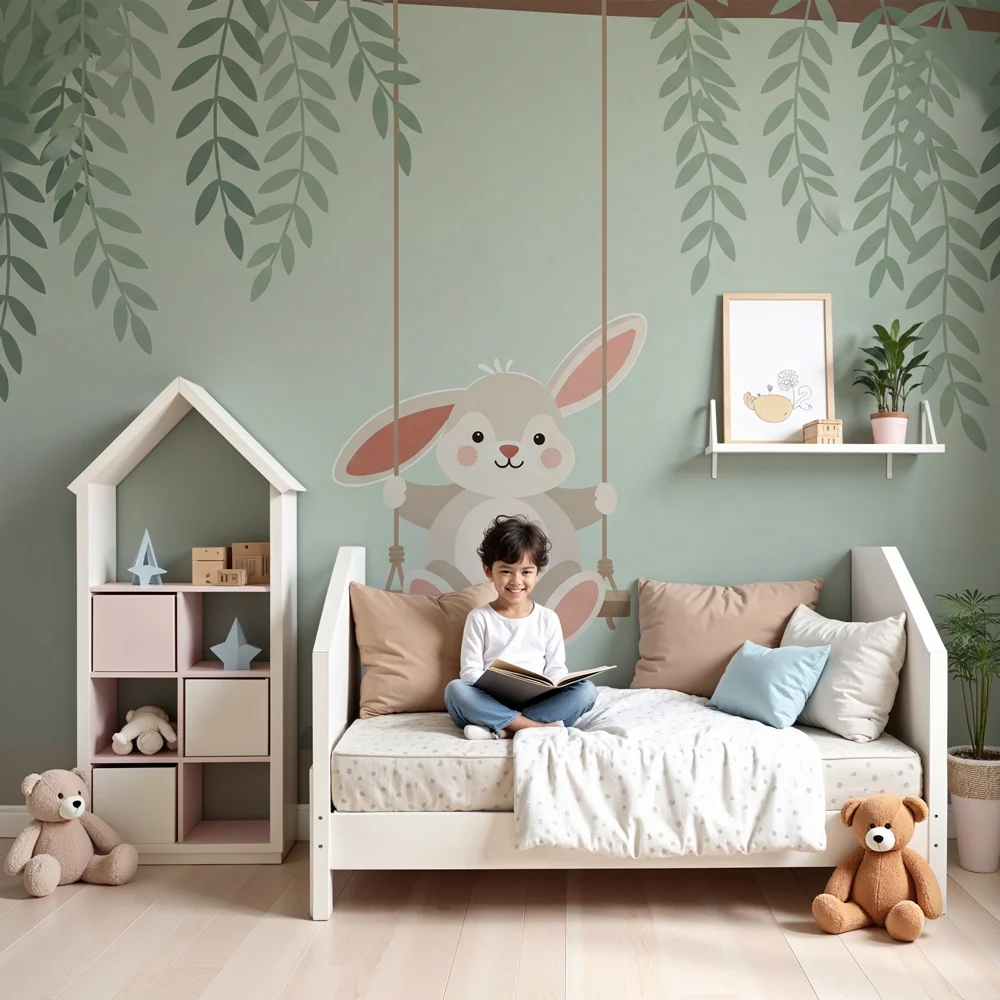 Papel de parede quarto bebê | Iepurele se joacă pe o leagăn într-o grădină liniștitoare