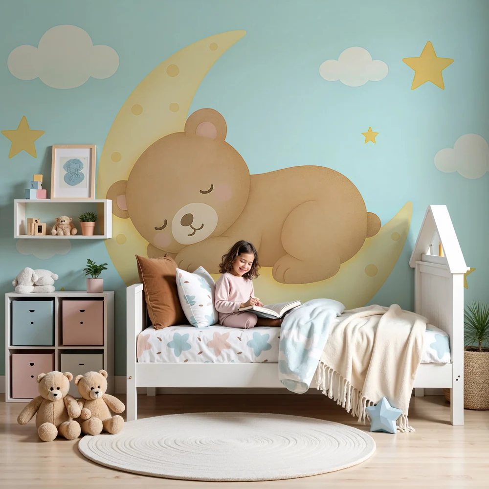 Papel de parede quarto bebê | Ursuleț adormit pe lună