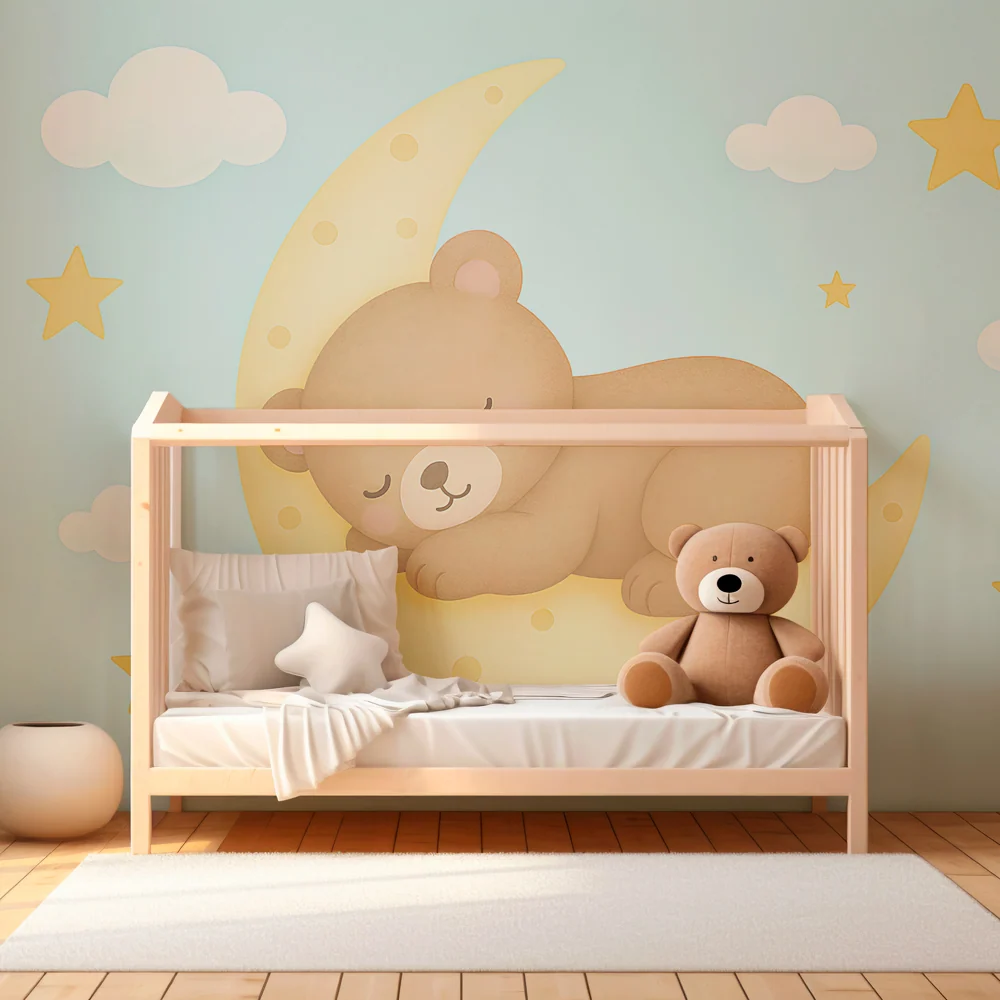 Papel de parede quarto bebê | Ursuleț adormit pe lună