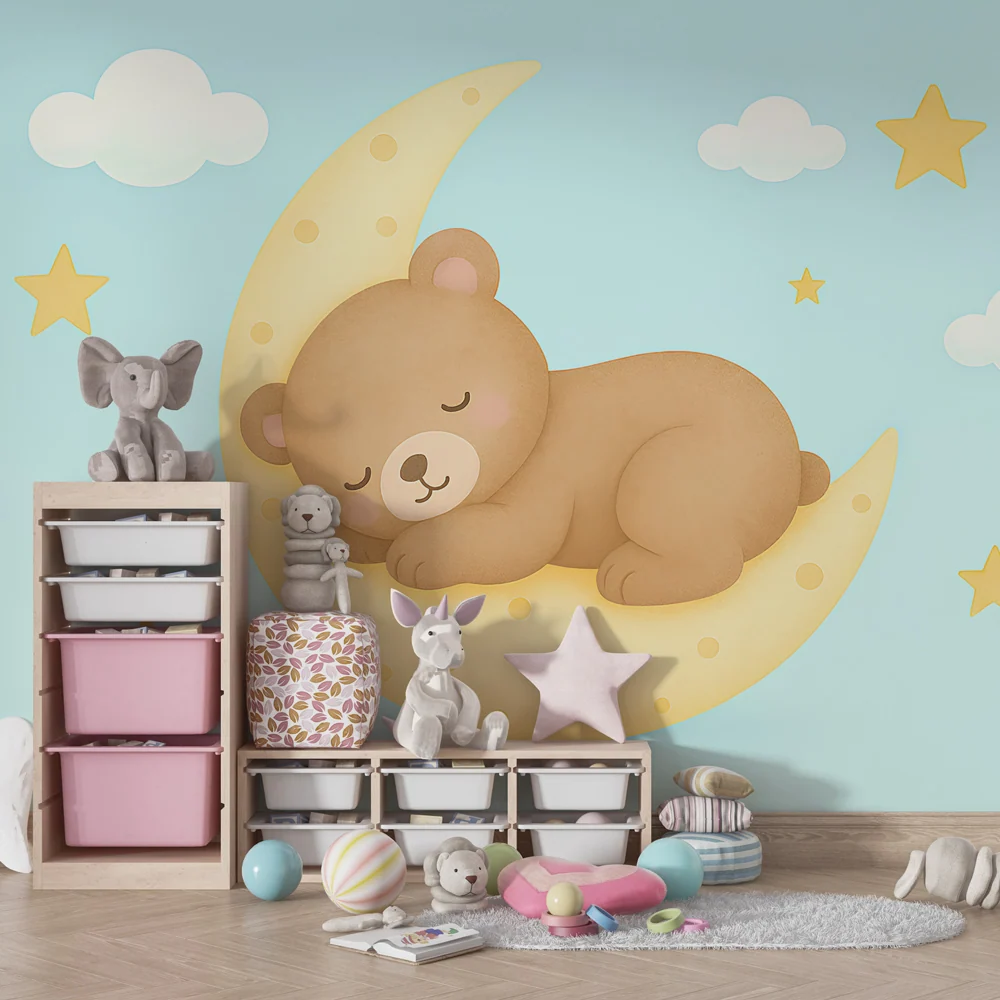 Papel de parede quarto bebê | Ursuleț adormit pe lună