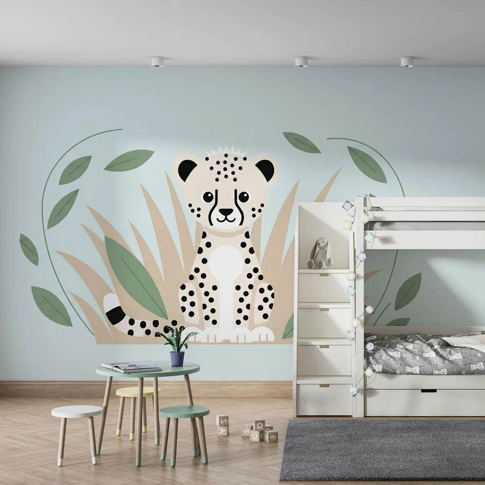 Papel de perete cameră bebeluși | Leopard drăguț și junglă tropicală