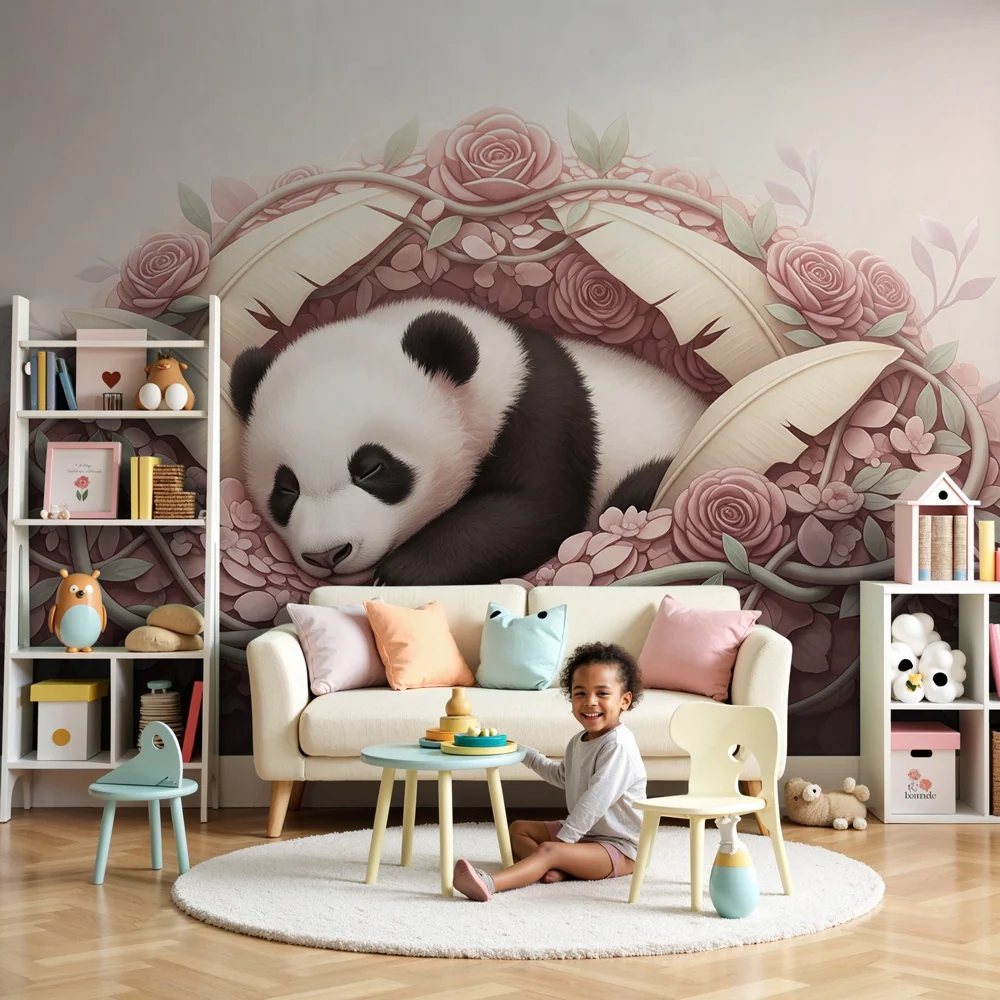 Papel de perete camera bebeluși | Panda adormit în mijlocul florilor