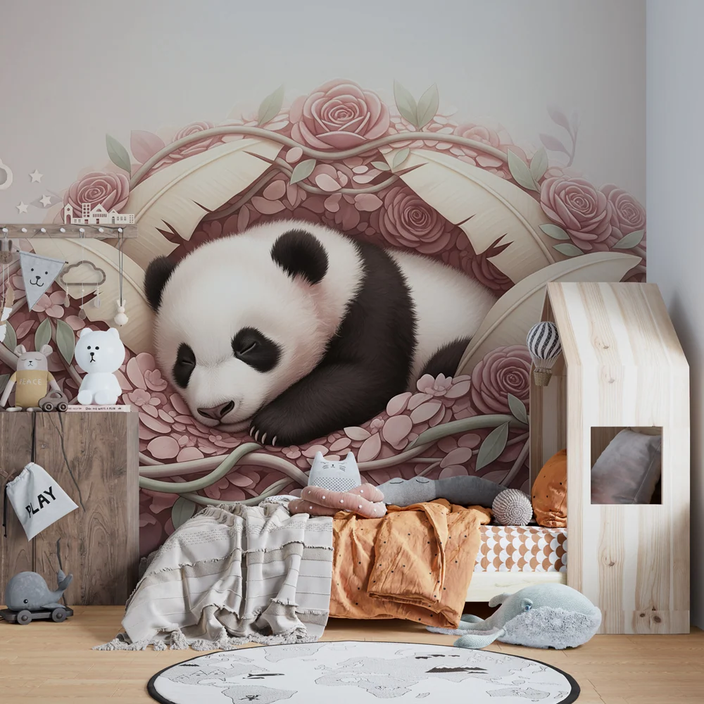 Papel de perete camera bebeluși | Panda adormit în mijlocul florilor