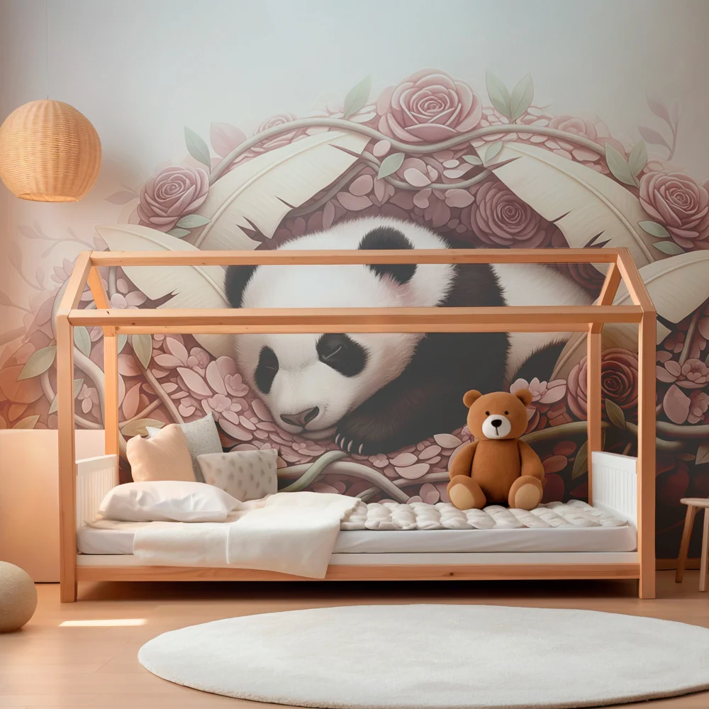 Papel de perete camera bebeluși | Panda adormit în mijlocul florilor