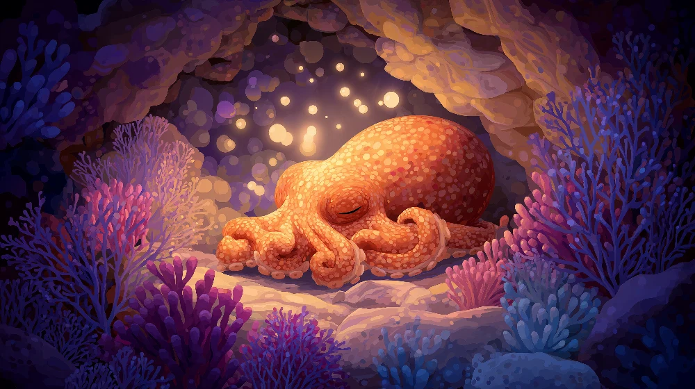 Papier de perete cameră copii | Caracatiță adormită în adâncurile oceanului cu corali colorați