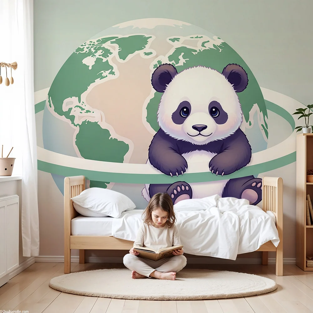 Papier de perete cameră copii | Panda drăguț înconjurat de planeta Pământ
