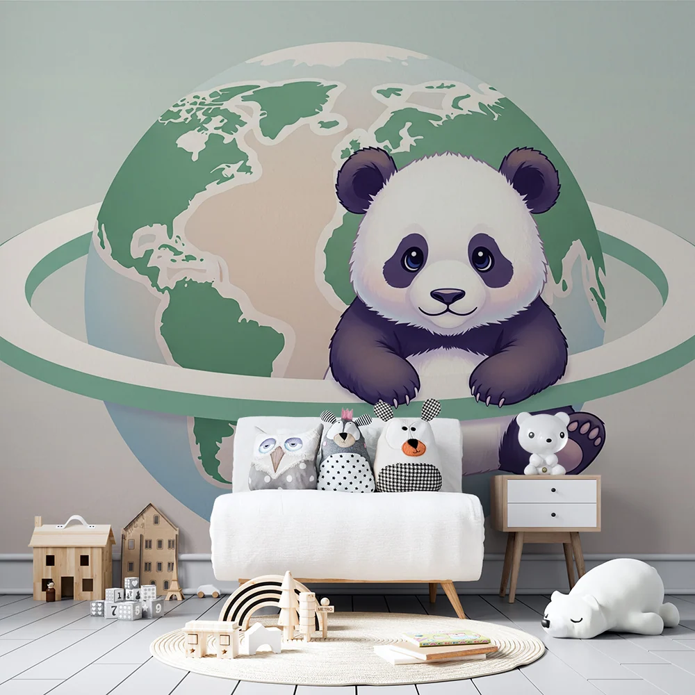 Papier de perete cameră copii | Panda drăguț înconjurat de planeta Pământ