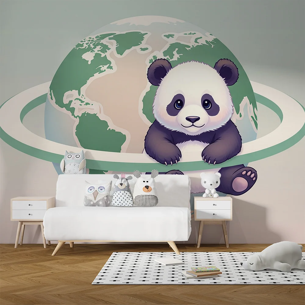 Papier de perete cameră copii | Panda drăguț înconjurat de planeta Pământ