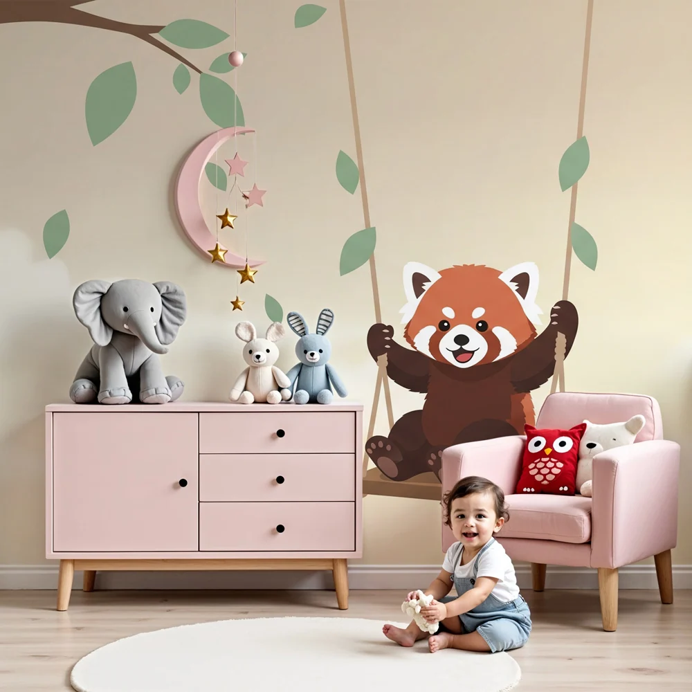 Papier de perete camera copil | Panda roșu pe o leagăn