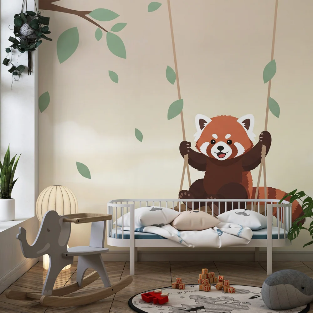 Papier de perete camera copil | Panda roșu pe o leagăn