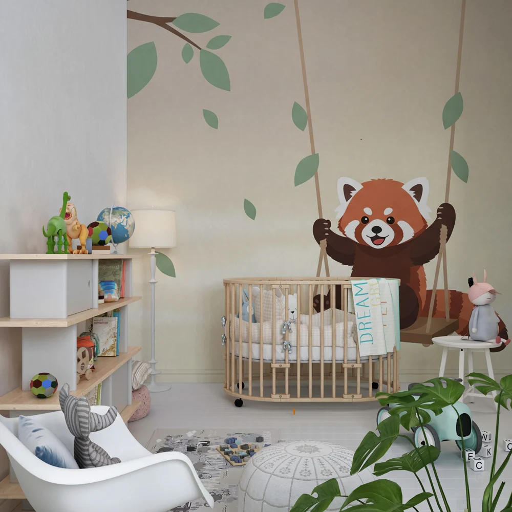 Papier de perete camera copil | Panda roșu pe o leagăn