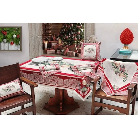 Față de pernă decorativă Sweet Red Christmas, 40 x 40 cm, bumbac, model de Crăciun, cu globulețe, argintiu și roșu