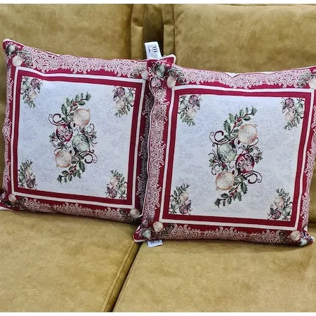 Față de pernă decorativă Sweet Red Christmas, 40 x 40 cm, bumbac, model de Crăciun, cu globulețe, argintiu și roșu