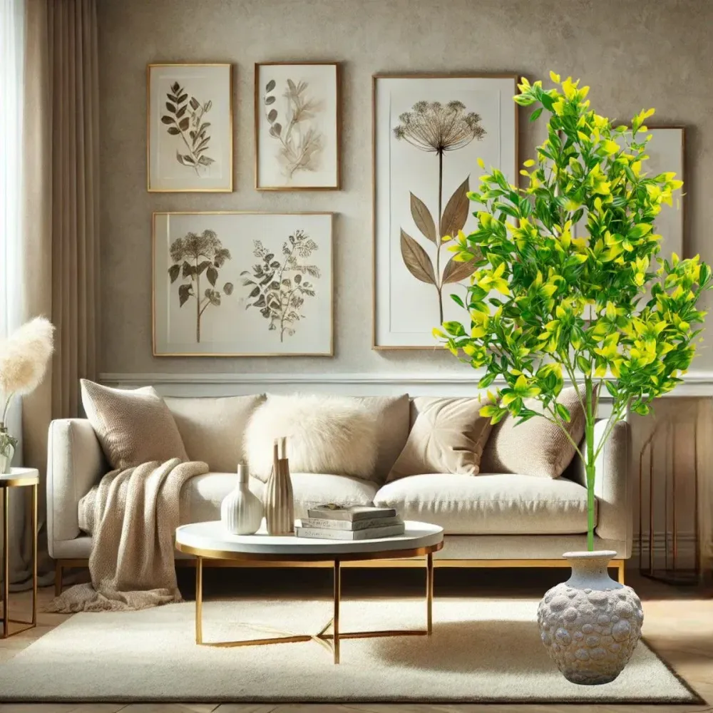 Planta decorativa artificiala, fara ghiveci, tip Buxus, Naimeed D6962, 80 cm, Galben