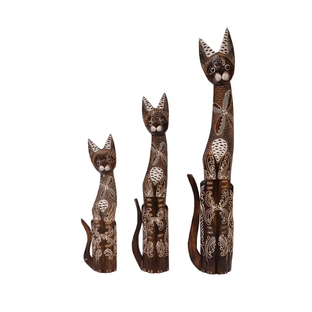 Set 3 figurine pisici maro din lemn de albasia