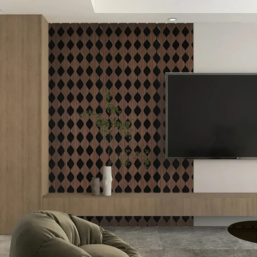 Set 3 Panouri riflaj acustic decorativ, MDF si pasla, Naimeed D6232, 240x30x1.8cm, Nuc
