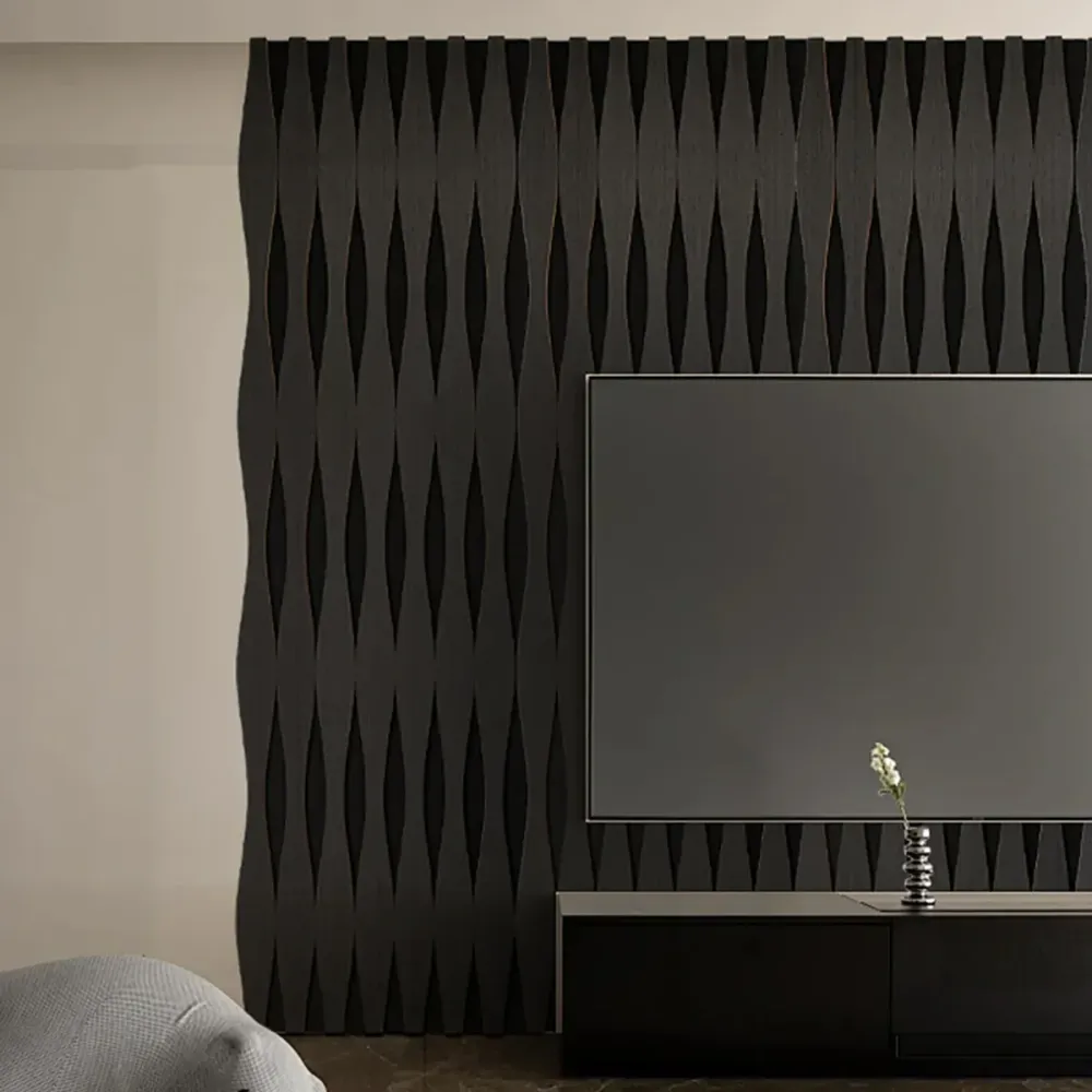 Set 3 Panouri riflaj acustic decorativ, MDF si pasla, Naimeed D6251, 240x30x1.8cm, Stejar Negru