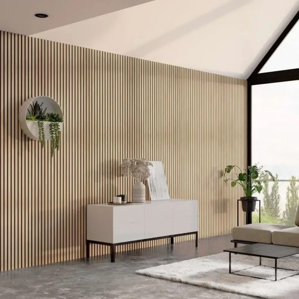 Set 6 Panouri riflaj acustic decorativ, MDF si pasla, Naimeed D7102, 270x30x1.8cm, Stejar deschis