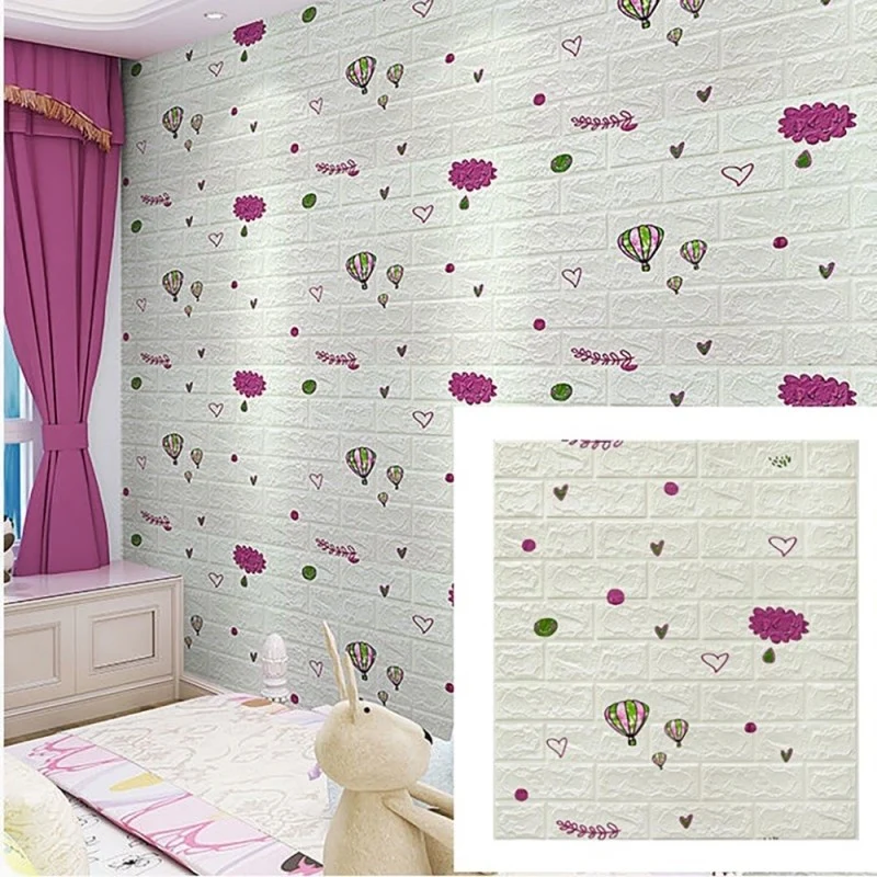 Set 10 Placi Tapet 3D, Vivimall, 70 x 77 cm, Grosime 3 mm, din Polietilena, Tip Caramida, Model cu Baloane, Suprafata acop...