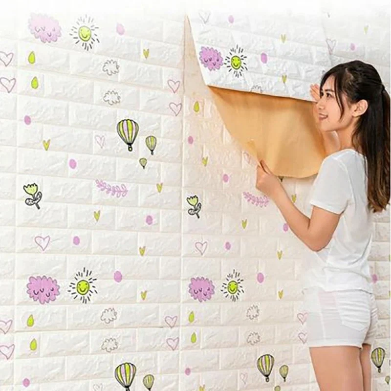 Set 10 Placi Tapet 3D, Vivimall, 70 x 77 cm, Grosime 3 mm, din Polietilena, Tip Caramida, Model cu Baloane, Suprafata acop...