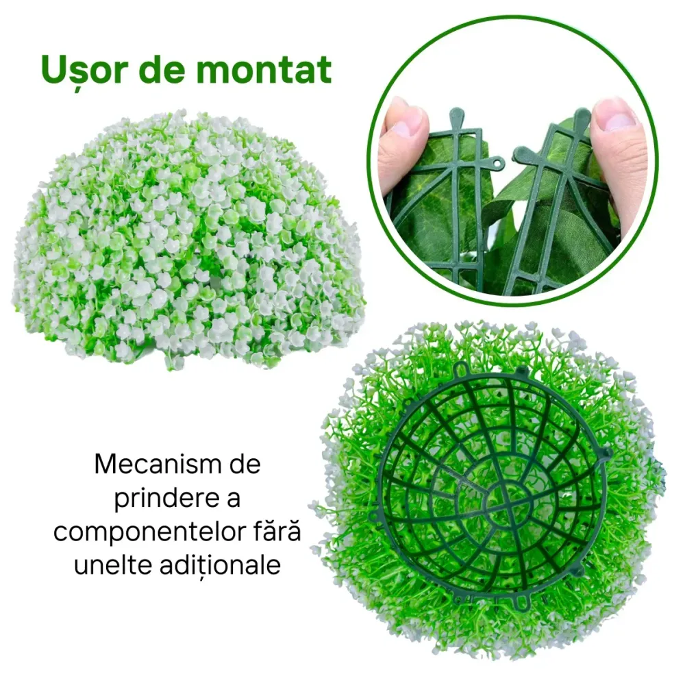 Sfera din plante artificiale, cu flori, Naimeed D5933, Verde-Alb, 150mm