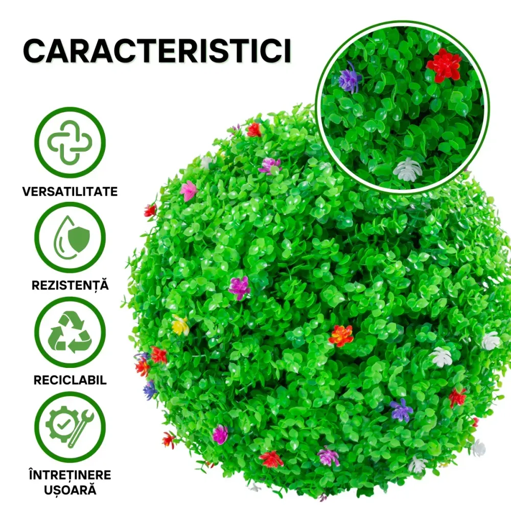 Sfera din plante artificiale, cu flori, Naimeed D5945, Verzui, 150mm