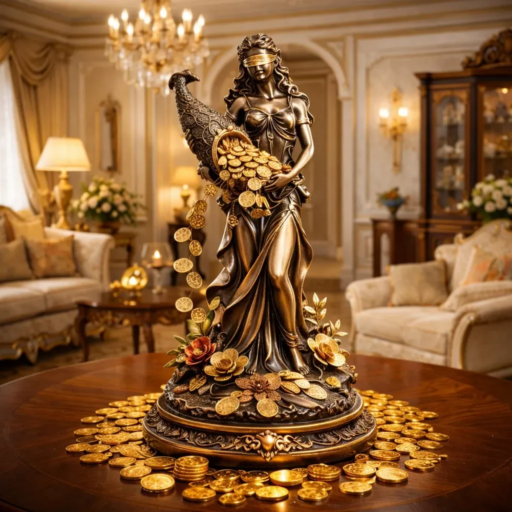 Statueta decorativa Zeita Prosperitatii cu Cornul Abundentei simbol al bogatiei si belsugului 35 x 11 x 11 cm