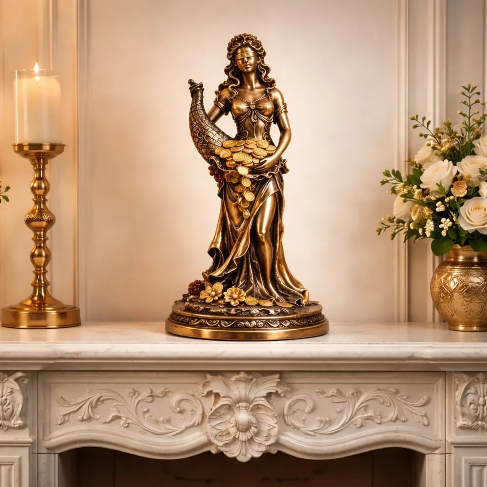 Statueta decorativa Zeita Prosperitatii cu Cornul Abundentei simbol al bogatiei si belsugului 35 x 11 x 11 cm
