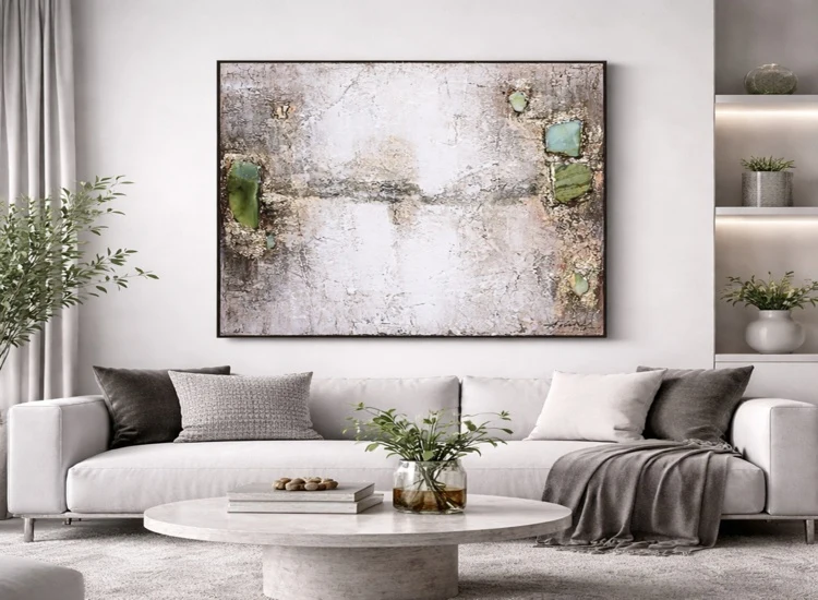 Tablou decorativ, 3D relief, piatra naturala, Naimeed D7960, montat pe suport rigid si rama exterioara din lemn, 100x100x4...