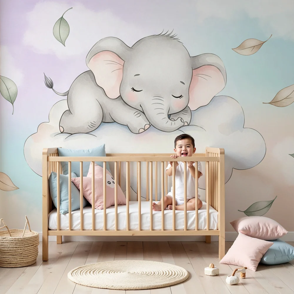 Tapet cameră bebeluși | Elefant drăguț pe un nor