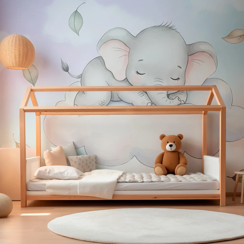 Tapet cameră bebeluși | Elefant drăguț pe un nor