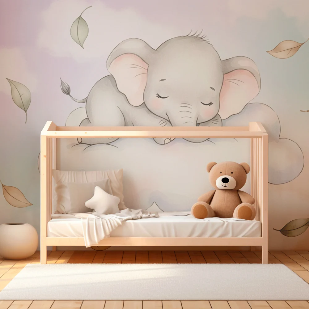 Tapet cameră bebeluși | Elefant drăguț pe un nor