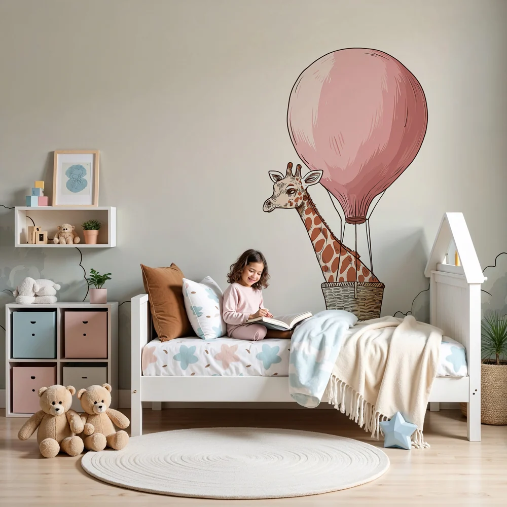 Tapet cameră bebeluși | Girafa în balon cu aer în nori