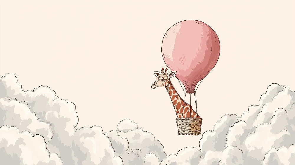 Tapet cameră bebeluși | Girafa în balon cu aer în nori
