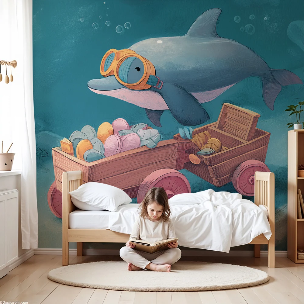 Tapet cameră copii | Delfin jucăuș și comori marine colorate