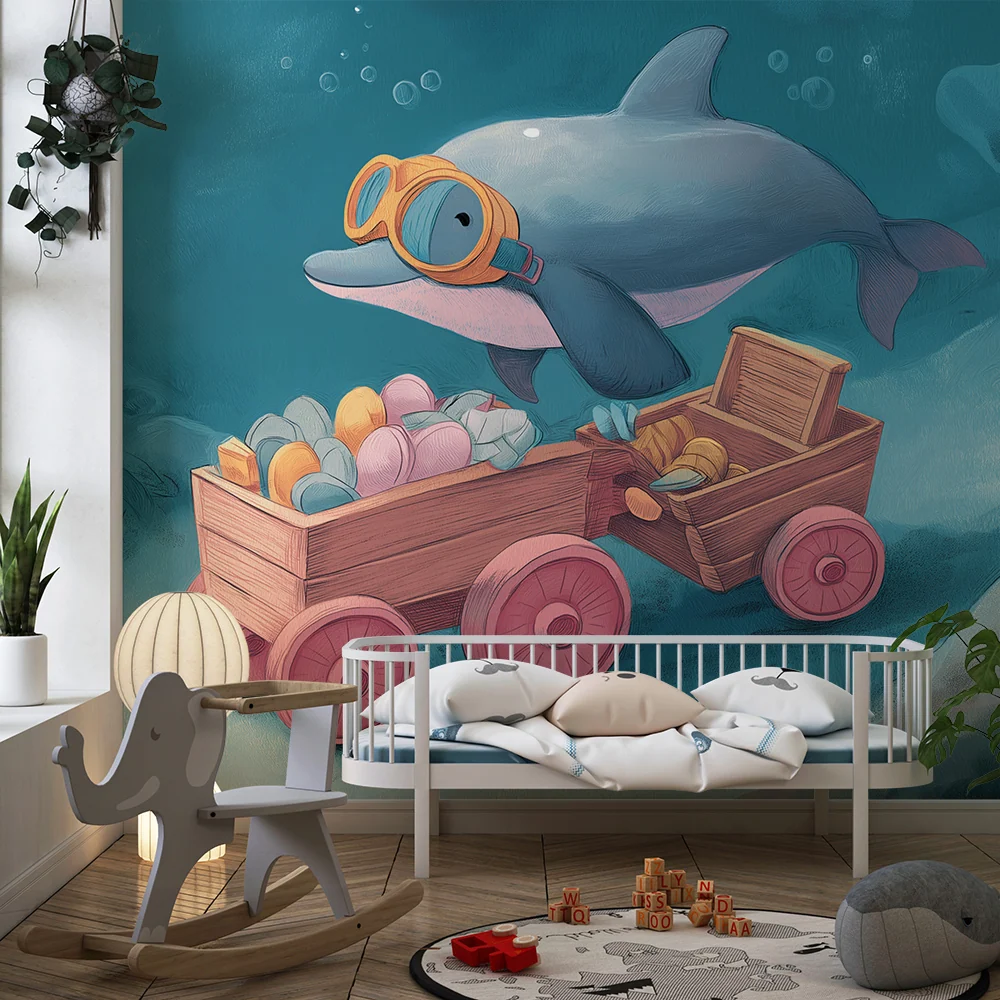 Tapet cameră copii | Delfin jucăuș și comori marine colorate