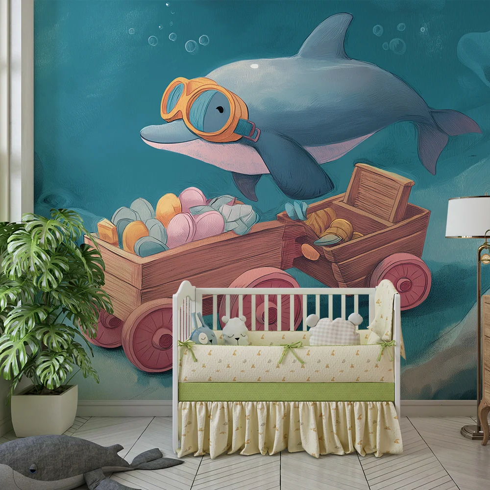 Tapet cameră copii | Delfin jucăuș și comori marine colorate