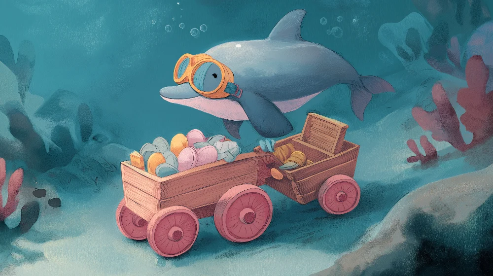 Tapet cameră copii | Delfin jucăuș și comori marine colorate