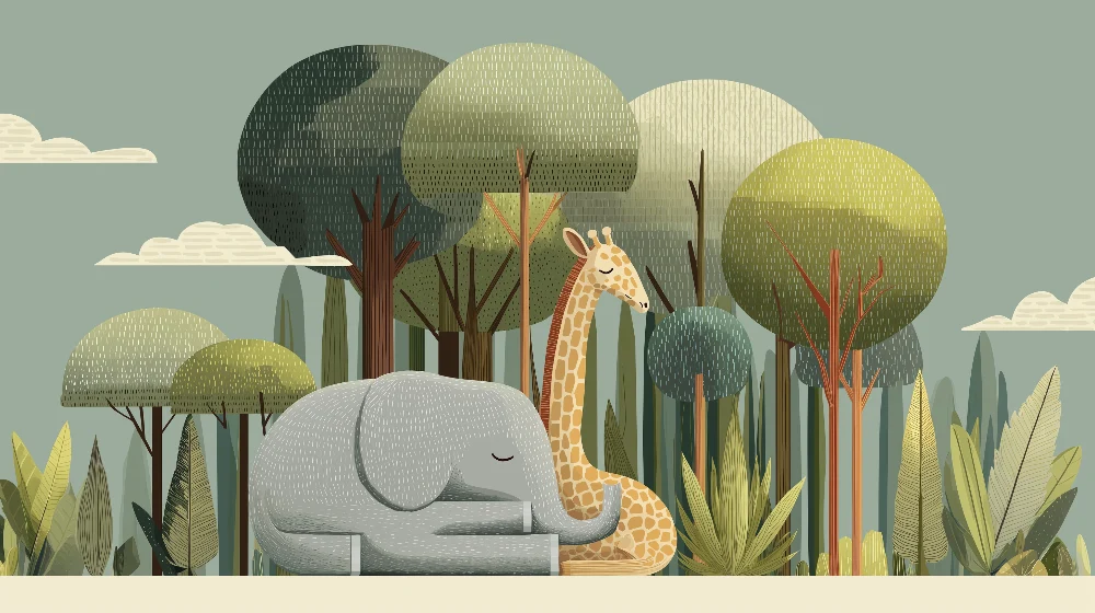 Tapet cameră copii | Elefant și girafă elegante în inima junglei