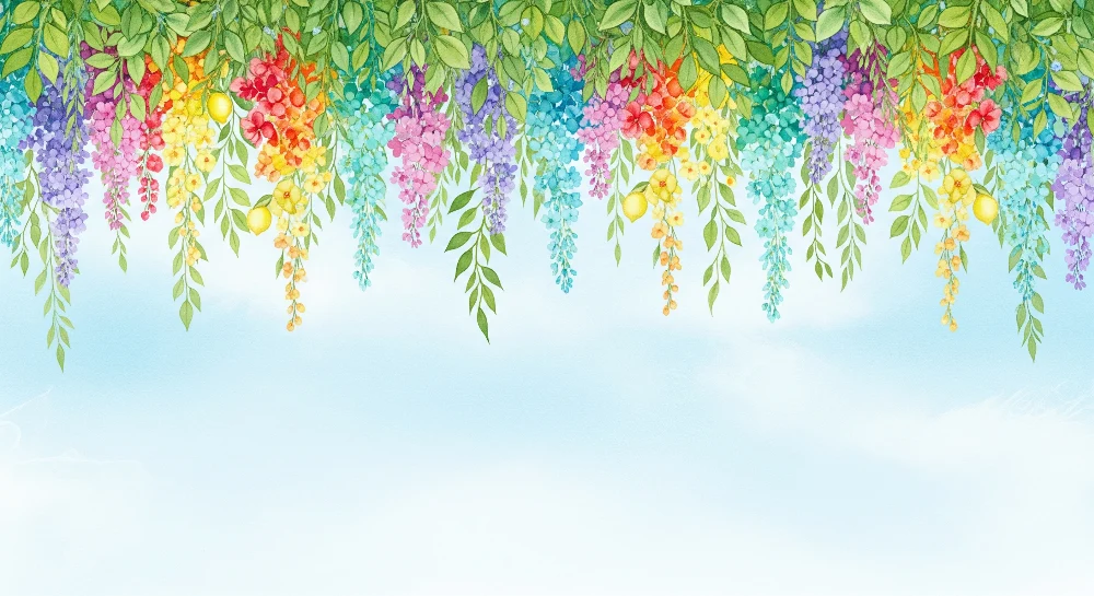 Tapet cameră copii | Flori colorate și frunziș luxuriant pe fundal albastru